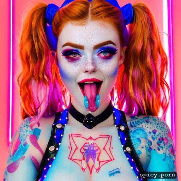 Retrowave neon lights, tattooed, long red nails, pussy piercing - spicy.porn on pornsimulated.com