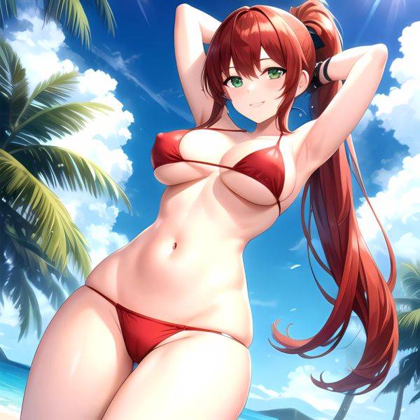 1girl Armpits Arms Behind Head Arms Up Bikini Breasts Closed Mouth Collarbone Covered Nipples Day Green Eyes Highres Jung Freud, 3065271792 - AIHentai - aihentai.co on pornsimulated.com