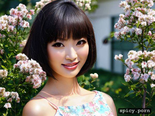 Japanese woman, smiling, 25 yo, sandals, walking in a garden - spicy.porn - Japan on pornsimulated.com