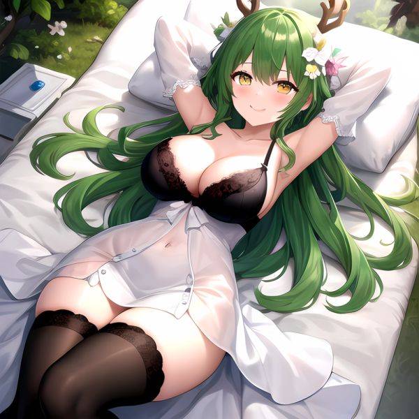 1girl Alternate Costume Antlers Armpits Arms Behind Head Bed Sheet Black Bra Black Thighhighs Bra Branch Breasts Ceres Fauna Cle, 3655856546 - AIHentai - aihentai.co on pornsimulated.com