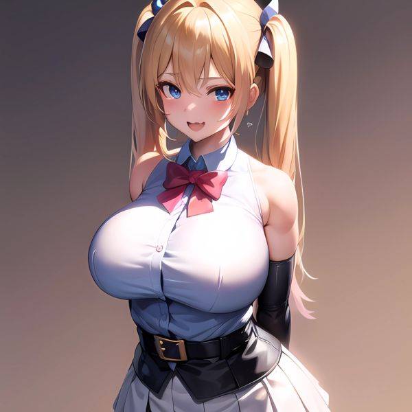 1girl Aymusk Belt White Skirt Blonde Hair Blue Eyes Blush Bow Bowtie Breasts Curvy Elbow Gloves Fang Gloves Gradient Background, 1523444037 - AIHentai - aihentai.co on pornsimulated.com