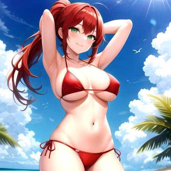 1girl Armpits Arms Behind Head Arms Up Bikini Breasts Closed Mouth Collarbone Covered Nipples Day Green Eyes Highres Jung Freud, 3843883941 - AIHentai - aihentai.co on pornsimulated.com