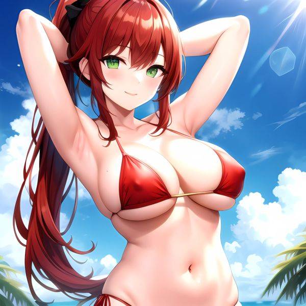 1girl Armpits Arms Behind Head Bikini Breasts Closed Mouth Collarbone Covered Nipples Day Green Eyes Highres Jung Freud Large Br, 2265409451 - AIHentai - aihentai.co on pornsimulated.com