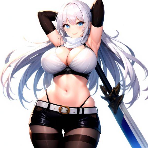 1girl Armpits Arms Behind Head Belt Black Bra Black Gloves Black Pantyhose Blue Eyes Blurry Blurry Background Bra Breasts Curvy, 3497501725 - AIHentai - aihentai.co on pornsimulated.com