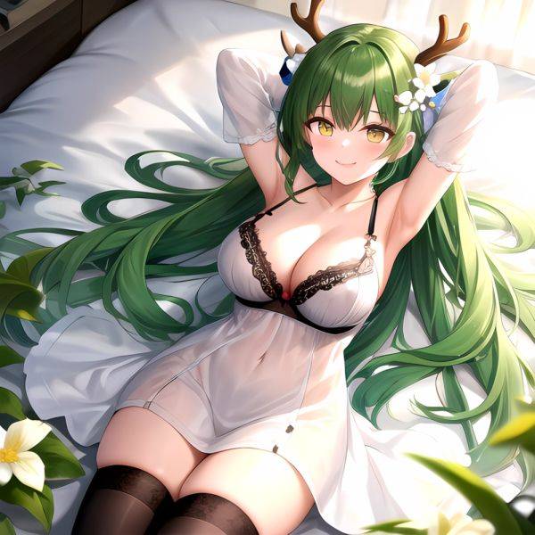 1girl Alternate Costume Antlers Armpits Arms Behind Head Bed Sheet Black Bra Black Thighhighs Bra Branch Breasts Ceres Fauna Cle, 2811792822 - AIHentai - aihentai.co on pornsimulated.com