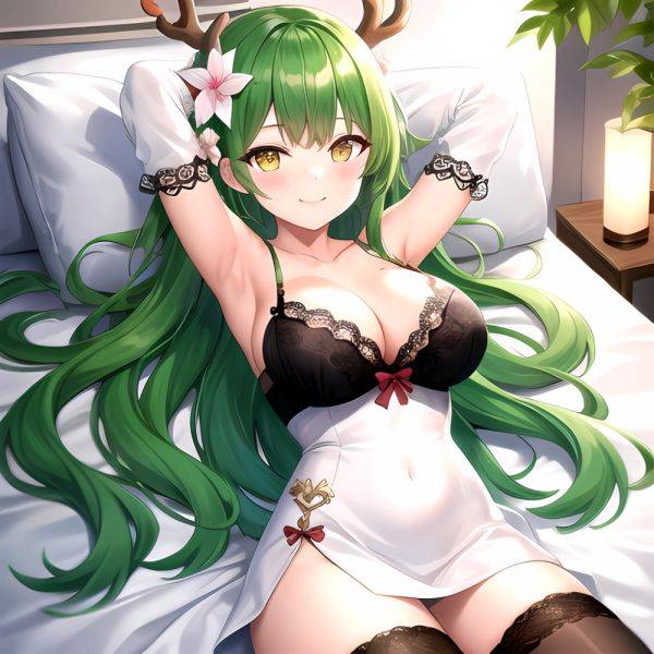 1girl Alternate Costume Antlers Armpits Arms Behind Head Bed Sheet Black Bra Black Thighhighs Bra Branch Breasts Ceres Fauna Cle, 2339912649 - AIHentai - aihentai.co on pornsimulated.com