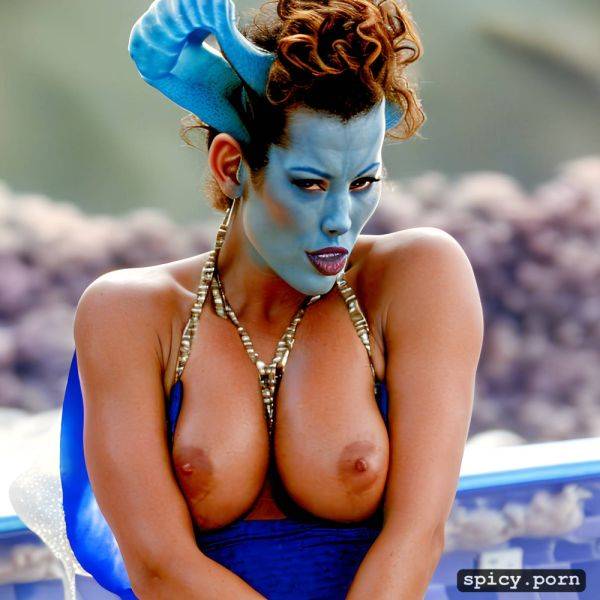 Realistic, visible nipple, masterpiece, young sigourney weaver as blue alien from the movie avatar kate winslet swimming underwater near a coral reef wearing tribal top and thong - spicy.porn on pornsimulated.com