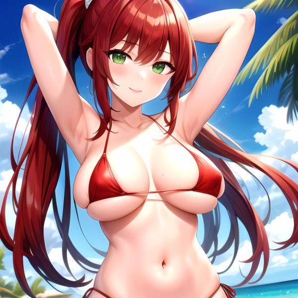 1girl Armpits Arms Behind Head Bikini Breasts Closed Mouth Collarbone Covered Nipples Day Green Eyes Highres Jung Freud Large Br, 2877839860 - AIHentai - aihentai.co on pornsimulated.com