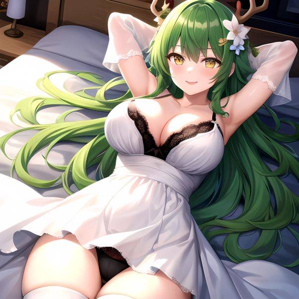 1girl Alternate Costume Antlers Armpits Arms Behind Head Bed Sheet Black Bra Black Thighhighs Bra Branch Breasts Ceres Fauna Cle, 4242822532 - AIHentai - aihentai.co on pornsimulated.com