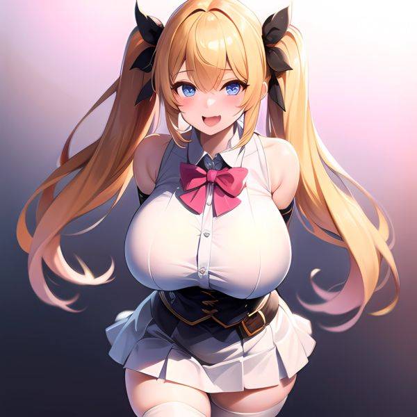 1girl Aymusk Belt White Skirt Blonde Hair Blue Eyes Blush Bow Bowtie Breasts Curvy Elbow Gloves Fang Gloves Gradient Background, 1728998226 - AIHentai - aihentai.co on pornsimulated.com