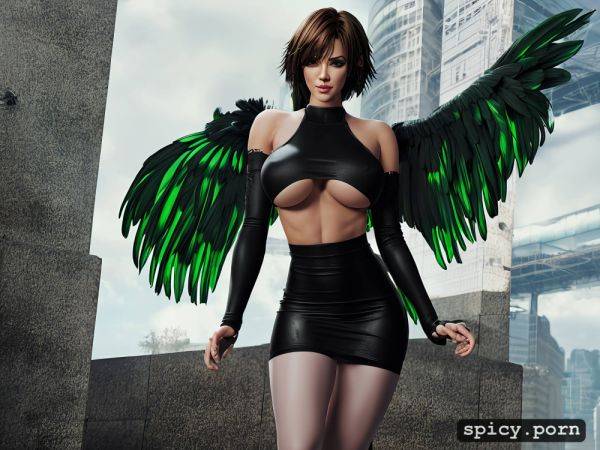 20 yo, green miniskirt, big boobs, black feathered wings, perfect athletic female fallen angel - spicy.porn on pornsimulated.com