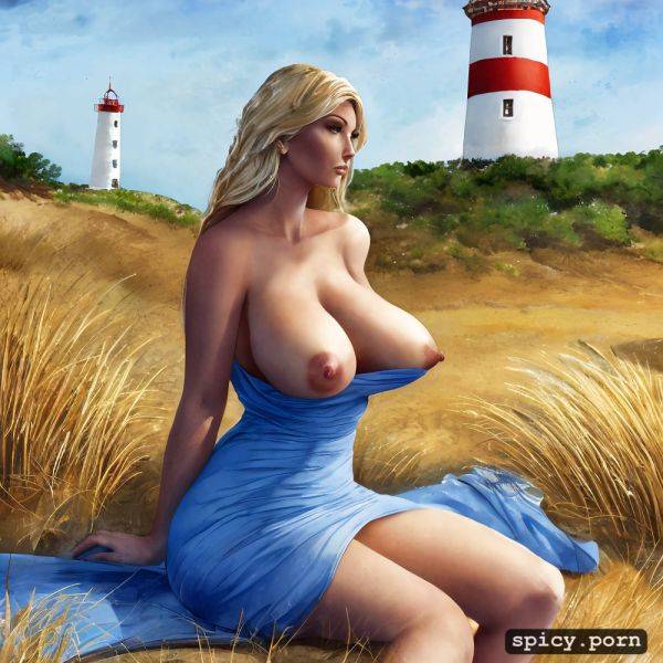 Erect nipples, side shot, posed sitting, vivid, seductive, a lighthouse hill on a beach - spicy.porn on pornsimulated.com