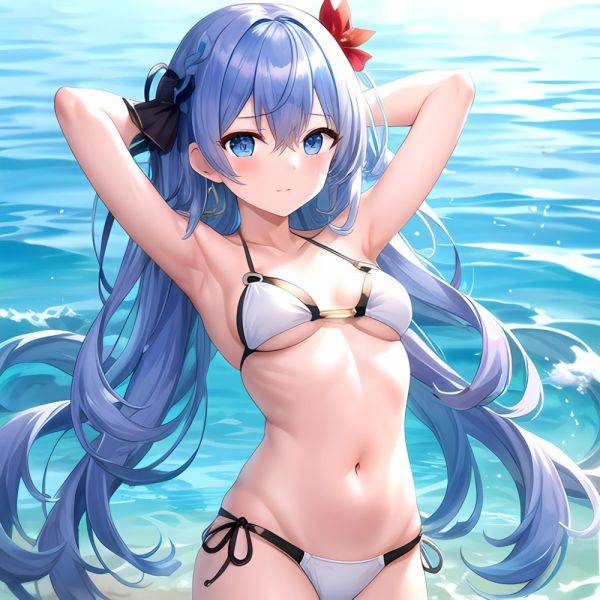 1girl Absurdres Arms Behind Head Bikini Blue Eyes Blue Hair Breasts Closed Mouth Hair Between Eyes Highres Hololive Hoshimachi S, 3537172513 - AIHentai - aihentai.co on pornsimulated.com