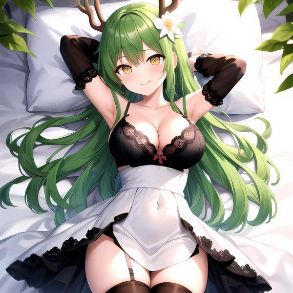 1girl Alternate Costume Antlers Armpits Arms Behind Head Bed Sheet Black Bra Black Thighhighs Bra Branch Breasts Ceres Fauna Cle, 1143730670 - AIHentai - aihentai.co on pornsimulated.com