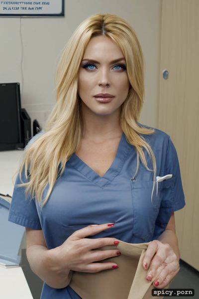 Woman, shocked look, blue eyes, respiratory therapist in scrubs - spicy.porn on pornsimulated.com