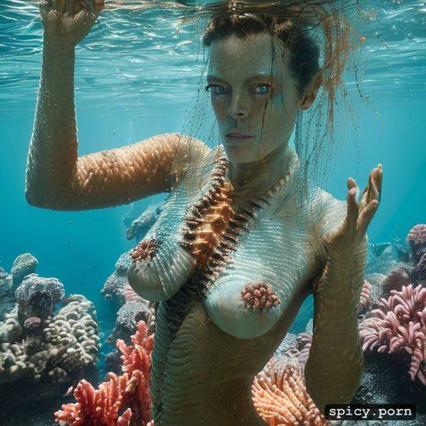 Realistic, visible nipple, masterpiece, young sigourney weaver as blue alien from the movie avatar sigourney weaver swimming underwater near a coral reef wearing tribal top and thong - spicy.porn on pornsimulated.com