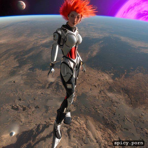 Satisfaction, very short red pixie haircut, young athletic woman space pilot strips out of her spacesuit so she can sunbathe nude on a colorful alien world - spicy.porn on pornsimulated.com