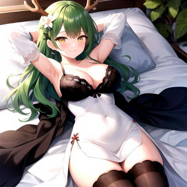 1girl Alternate Costume Antlers Armpits Arms Behind Head Bed Sheet Black Bra Black Thighhighs Bra Branch Breasts Ceres Fauna Cle, 2717189297 - AIHentai - aihentai.co on pornsimulated.com