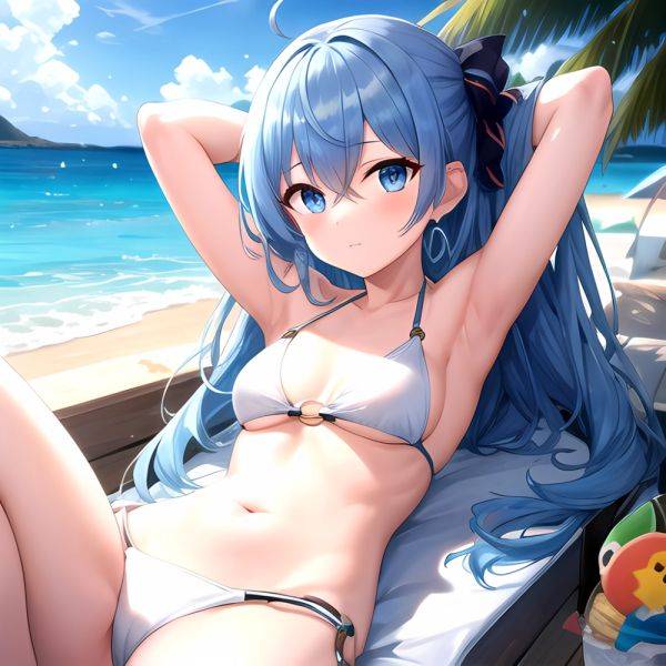 1girl Absurdres Arms Behind Head Bikini Blue Eyes Blue Hair Breasts Closed Mouth Hair Between Eyes Highres Hololive Hoshimachi S, 2648403342 - AIHentai - aihentai.co on pornsimulated.com