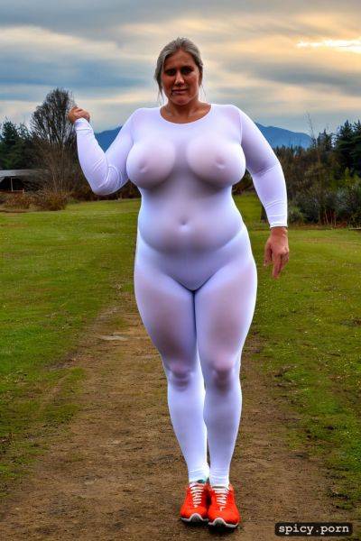 Big bulge between legs, a standing obese 80 yo fat woman wearing white very transparent tight bodysuit with white legs - spicy.porn on pornsimulated.com