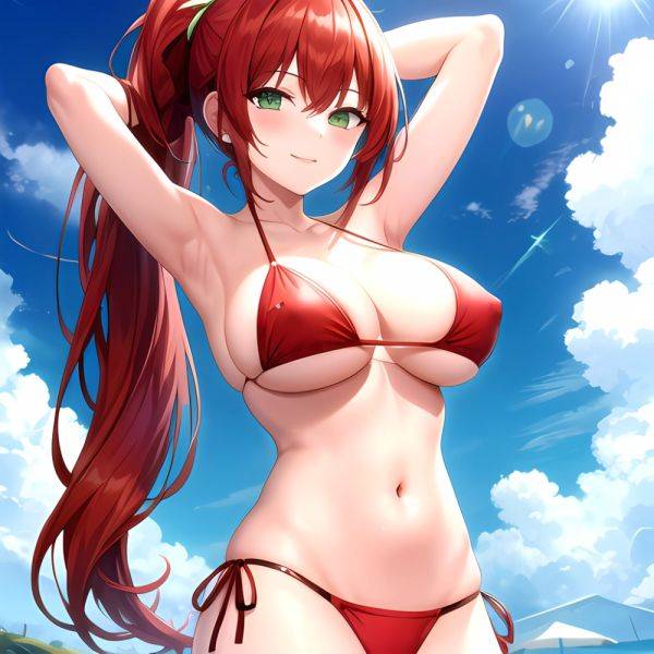 1girl Armpits Arms Behind Head Arms Up Bikini Breasts Closed Mouth Collarbone Covered Nipples Day Green Eyes Highres Jung Freud, 3693638356 - AIHentai - aihentai.co on pornsimulated.com