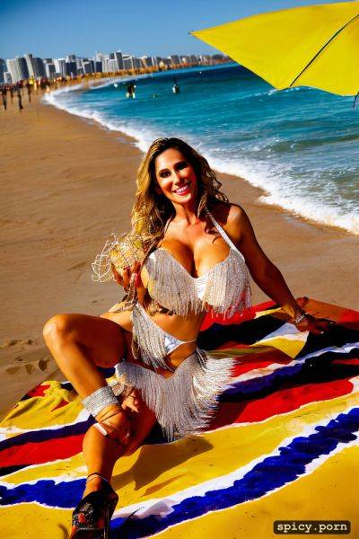 Color portrait, long hair, 55 yo beautiful performing white rio carnival dancer at copacabana beach - spicy.porn on pornsimulated.com
