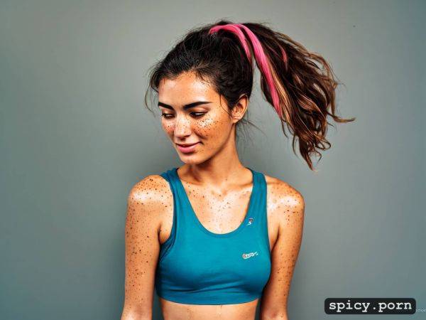 Upper body of a dirty armpits super skinny sweaty 18 years old sweat dripping brunette tenniswoman with freckles in a blue and pink damped tank top - spicy.porn on pornsimulated.com