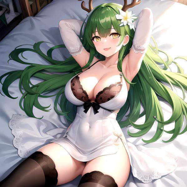 1girl Alternate Costume Antlers Armpits Arms Behind Head Bed Sheet Black Bra Black Thighhighs Bra Branch Breasts Ceres Fauna Cle, 3207776865 - AIHentai - aihentai.co on pornsimulated.com