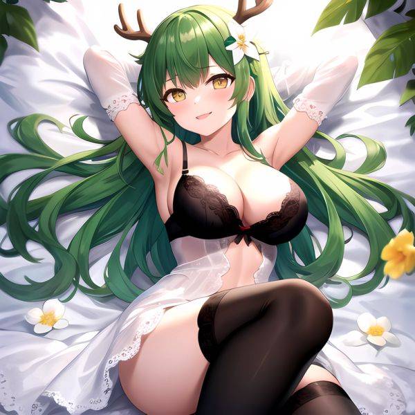 1girl Alternate Costume Antlers Armpits Arms Behind Head Bed Sheet Black Bra Black Thighhighs Bra Branch Breasts Ceres Fauna Cle, 2777060188 - AIHentai - aihentai.co on pornsimulated.com