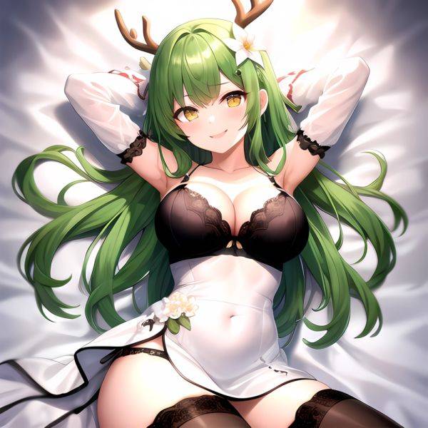 1girl Alternate Costume Antlers Armpits Arms Behind Head Bed Sheet Black Bra Black Thighhighs Bra Branch Breasts Ceres Fauna Cle, 4015511830 - AIHentai - aihentai.co on pornsimulated.com