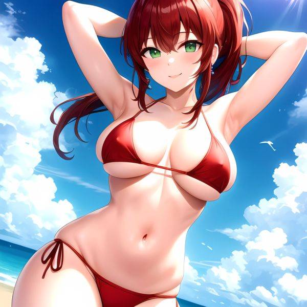 1girl Armpits Arms Behind Head Bikini Breasts Closed Mouth Collarbone Covered Nipples Day Green Eyes Highres Jung Freud Large Br, 2491946732 - AIHentai - aihentai.co on pornsimulated.com
