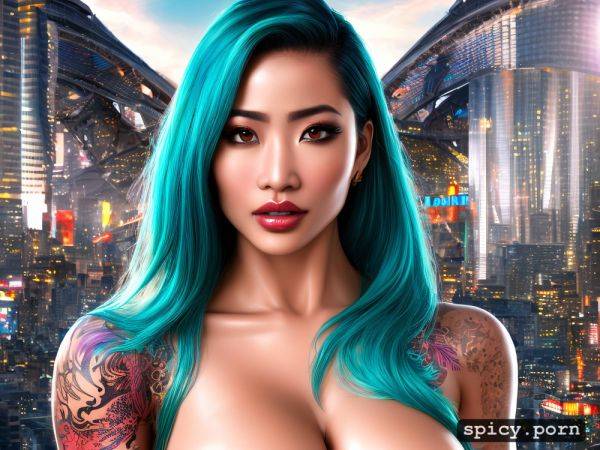 Front view, curvy cyberpunk asian woman, oiled skin, a beautiful sexy - spicy.porn on pornsimulated.com