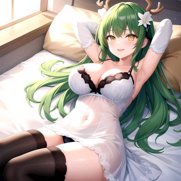 1girl Alternate Costume Antlers Armpits Arms Behind Head Bed Sheet Black Bra Black Thighhighs Bra Branch Breasts Ceres Fauna Cle, 403405335 - AIHentai - aihentai.co on pornsimulated.com
