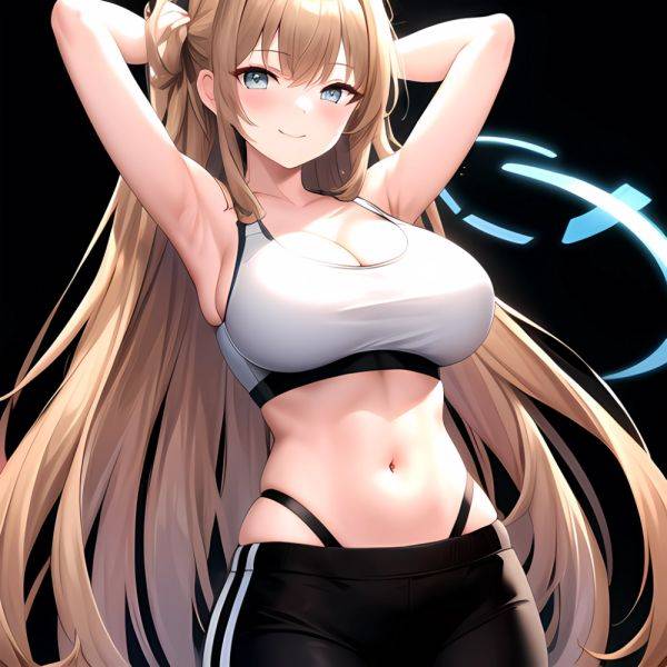 1girl Absurdres Armpits Arms Behind Head Asuna Blue Archive Black Pants Blue Archive Blush Breasts Cleavage Halo Highres Huge Br, 547840085 - AIHentai - aihentai.co on pornsimulated.com