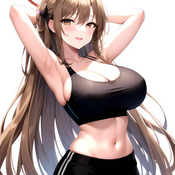 1girl Absurdres Armpits Arms Up Asuna Blue Archive Black Pants Blue Archive Blush Breasts Cleavage Halo Hands In Hair Highres, 1602545123 - AIHentai - aihentai.co on pornsimulated.com