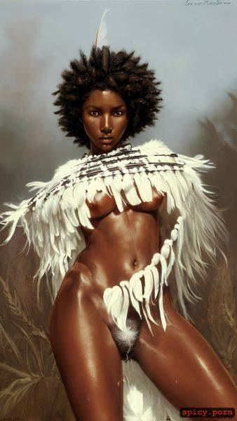 White feather poncho, oil painting, facing the viewer, hairy pussy with short hair - spicy.porn on pornsimulated.com