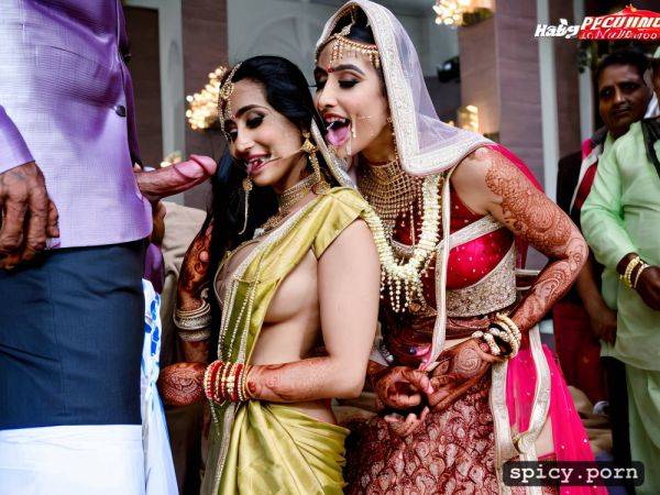 Wedding sex, the standing beautiful indian bride cue faces in public takes a huge black dick in the mouth and giving blowjob to the man get covered by cum all over his bridal dress and other people cheer the bride realistic photo and real human - spicy.porn - India on pornsimulated.com