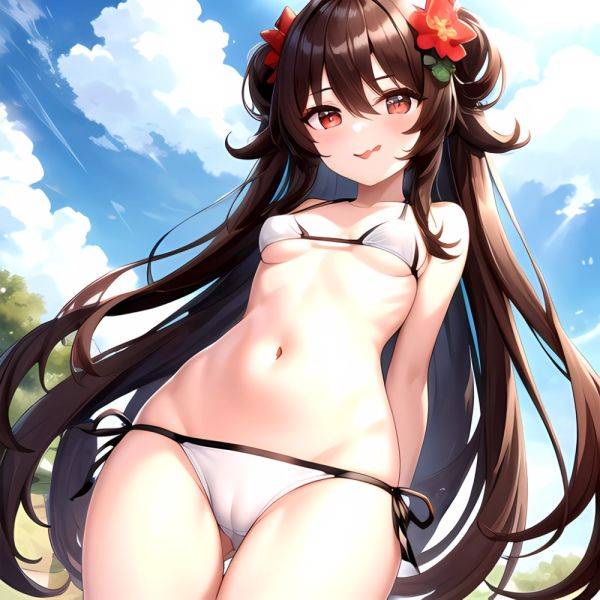 1girl Q Absurdres Arms Behind Back Bikini Blush Breasts Brown Hair Cameltoe Cleft Of Venus Covered Nipples Cowboy Shot Flower, 188507113 - AIHentai - aihentai.co on pornsimulated.com