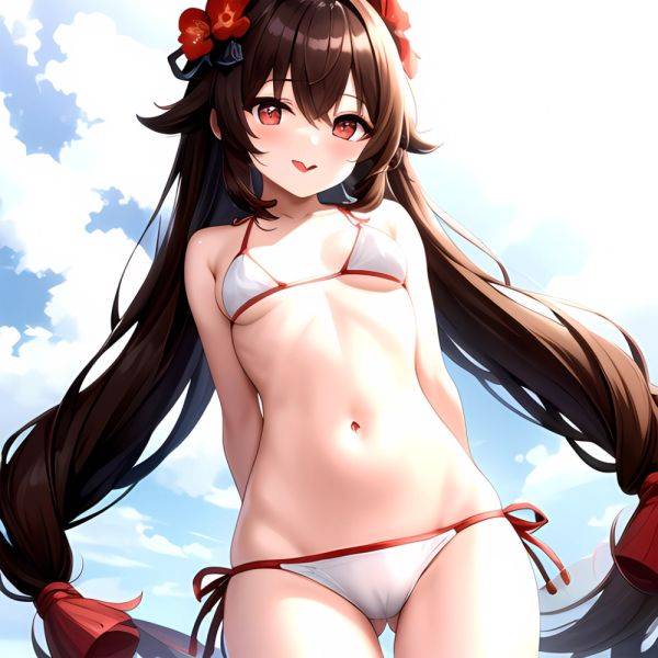 1girl Q Absurdres Arms Behind Back Bikini Blush Breasts Brown Hair Cameltoe Cleft Of Venus Covered Nipples Cowboy Shot Flower, 358974937 - AIHentai - aihentai.co on pornsimulated.com
