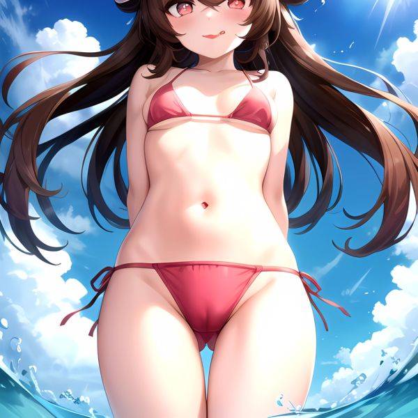 1girl Q Absurdres Arms Behind Back Bikini Blush Breasts Brown Hair Cameltoe Cleft Of Venus Covered Nipples Cowboy Shot Flower, 995380776 - AIHentai - aihentai.co on pornsimulated.com