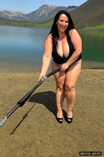 Color photo, standing straight at a mountain lake beach, hourglass figure - spicy.porn on pornsimulated.com