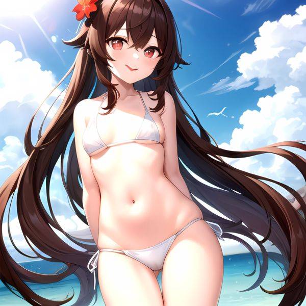 1girl Q Absurdres Arms Behind Back Bikini Blush Breasts Brown Hair Cameltoe Cleft Of Venus Covered Nipples Cowboy Shot Flower, 1223859154 - AIHentai - aihentai.co on pornsimulated.com