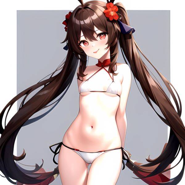 1girl Q Absurdres Arms Behind Back Bikini Blush Breasts Brown Hair Cameltoe Cleft Of Venus Covered Nipples Cowboy Shot Flower, 3123377306 - AIHentai - aihentai.co on pornsimulated.com