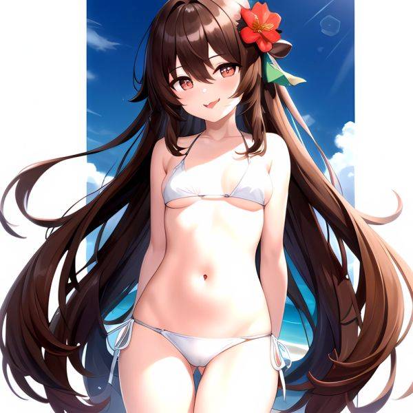 1girl Q Absurdres Arms Behind Back Bikini Blush Breasts Brown Hair Cameltoe Cleft Of Venus Covered Nipples Cowboy Shot Flower, 3017196202 - AIHentai - aihentai.co on pornsimulated.com