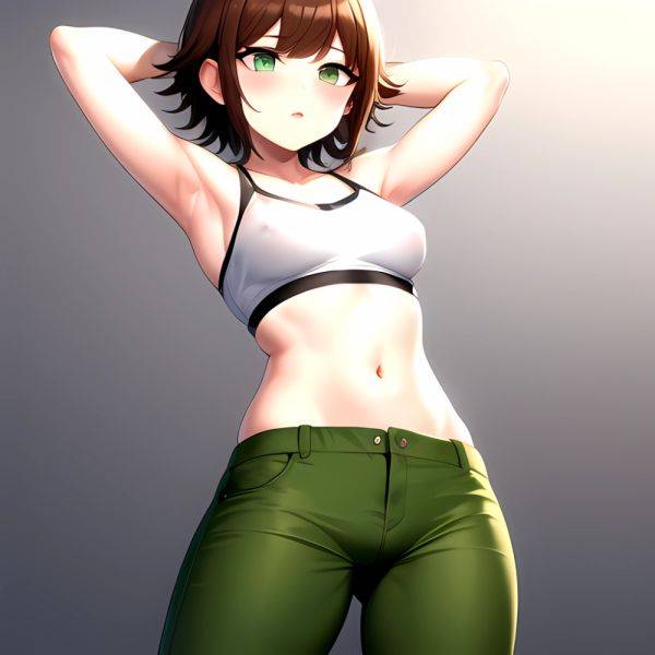 1boy Armpits Arms Behind Head Blush Breasts Brown Hair Bulge Collarbone Contrapposto Covered Nipples Crop Top Danganronpa Trigge, 363756144 - AIHentai - aihentai.co on pornsimulated.com