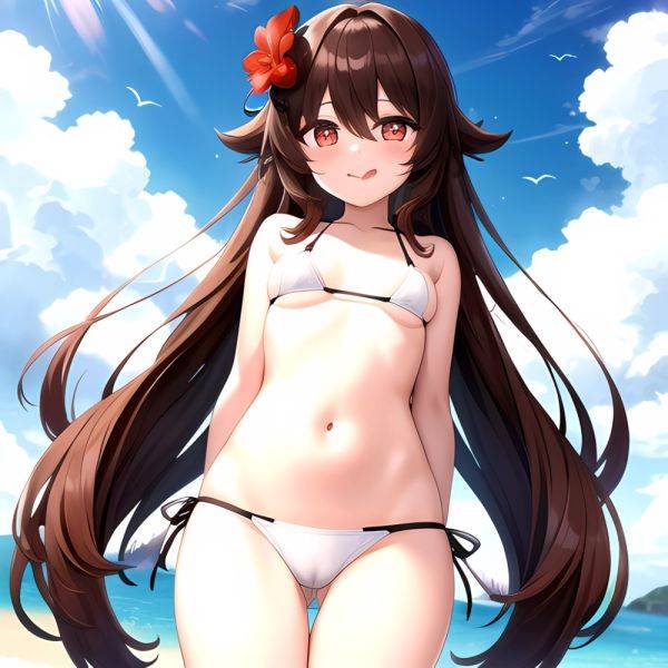 1girl Q Absurdres Arms Behind Back Bikini Blush Breasts Brown Hair Cameltoe Cleft Of Venus Covered Nipples Cowboy Shot Flower, 3490077156 - AIHentai - aihentai.co on pornsimulated.com