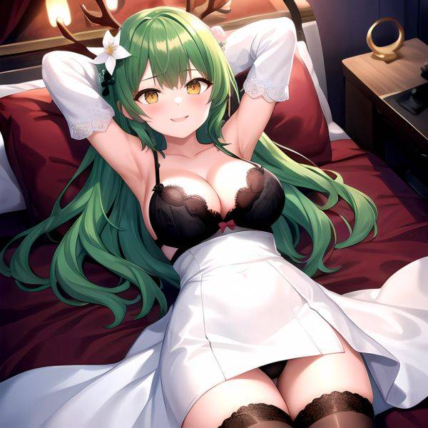1girl Alternate Costume Antlers Armpits Arms Behind Head Bed Sheet Black Bra Black Thighhighs Bra Branch Breasts Ceres Fauna Cle, 1594621786 - AIHentai - aihentai.co on pornsimulated.com