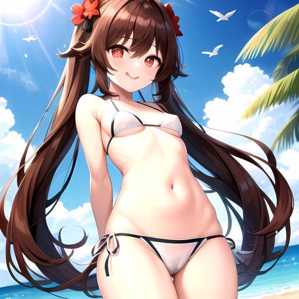 1girl Q Absurdres Arms Behind Back Bikini Blush Breasts Brown Hair Cameltoe Cleft Of Venus Covered Nipples Cowboy Shot Flower, 2784127924 - AIHentai - aihentai.co on pornsimulated.com