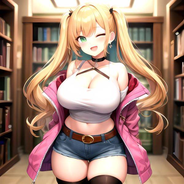 1girl D Bare Shoulders Belt Black Choker Black Thighhighs Blonde Hair Blue Shorts Blush Breasts Brown Belt Choker Cleavage Comme, 3046612006 - AIHentai - aihentai.co on pornsimulated.com