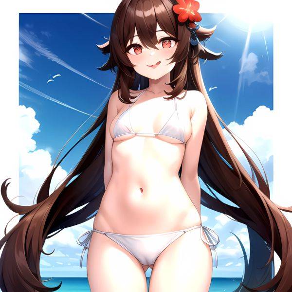 1girl Q Absurdres Arms Behind Back Bikini Blush Breasts Brown Hair Cameltoe Cleft Of Venus Covered Nipples Cowboy Shot Flower, 3615942595 - AIHentai - aihentai.co on pornsimulated.com